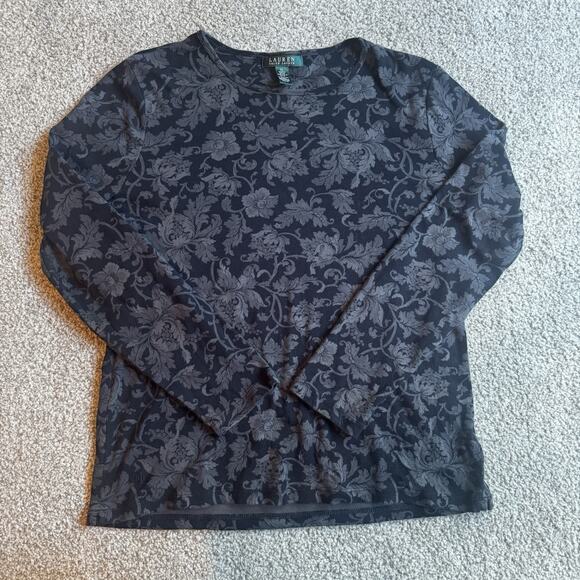 Lauren Ralph Lauren Womens XL Top Black Floral Baroque Floral Long Sleeve Cotton - Picture 10 of 11